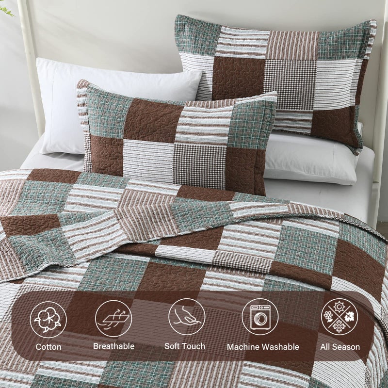 Finlonte Quilts Queen Size - 100% Cotton Queen Comforter Set Brown Green White Plaid Farmhouse Quilt Bedding Set, Reversible Lightweight Soft Bedspread, Quilted Coverlet All-Season, 3-Piece - Image 4