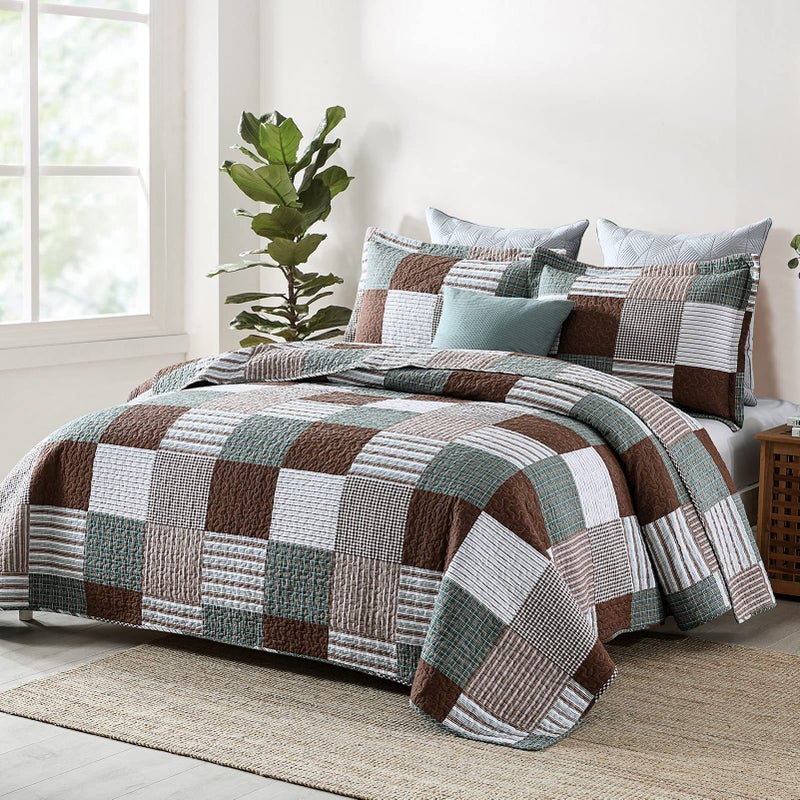 Finlonte Quilts Queen Size - 100% Cotton Queen Comforter Set Brown Green White Plaid Farmhouse Quilt Bedding Set, Reversible Lightweight Soft Bedspread, Quilted Coverlet All-Season, 3-Piece - Image 3