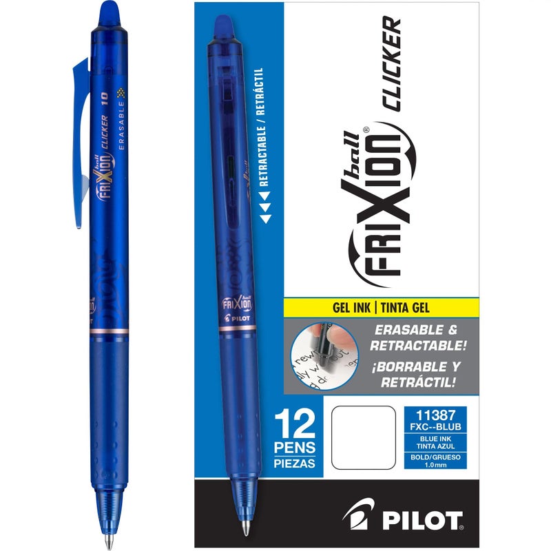 Pilot, FriXion Clicker Erasable Gel Pens, Bold Point 1 mm, Pack of 12, Blue - Image 1
