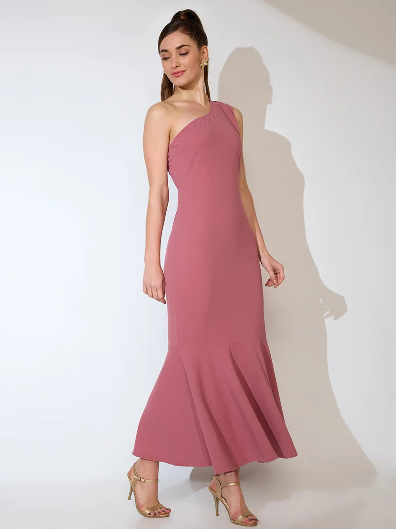 جلو باص Women One Shoulder Flared Hem Maxi Bodycon Party Dress
