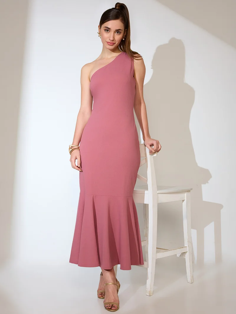 جلو باص Women One Shoulder Flared Hem Maxi Bodycon Party Dress