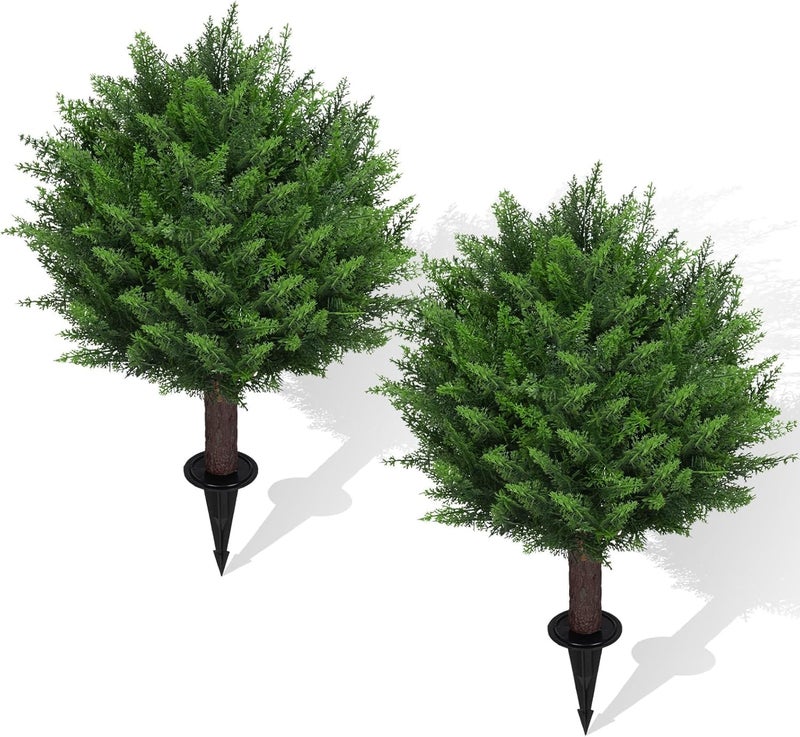 AOKIIE Artificial Set of 2 Cedar Topiary Ball Trees 22" for Outdoors with Ground Spike, UV Resistant Faux Cypress Plants into Anywhere, Evergreen Shrubs Bushes for Room Front Porch Garden Backyard Decor - Image 1