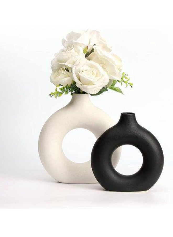 NAMA Set of 2 rough-textured concrete vases in black and white, hollow round flower vases with a matte donut shape, modern boho decor vases for pampas grass for weddings, living room, office, entryway, fireplace, dining table, and shelves (without flowers) - Image 3