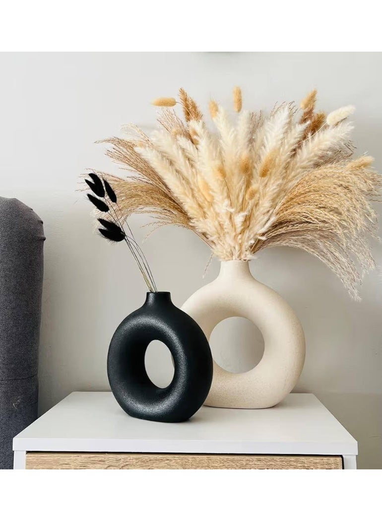 NAMA Set of 2 rough-textured concrete vases in black and white, hollow round flower vases with a matte donut shape, modern boho decor vases for pampas grass for weddings, living room, office, entryway, fireplace, dining table, and shelves (without flowers) - Image 1