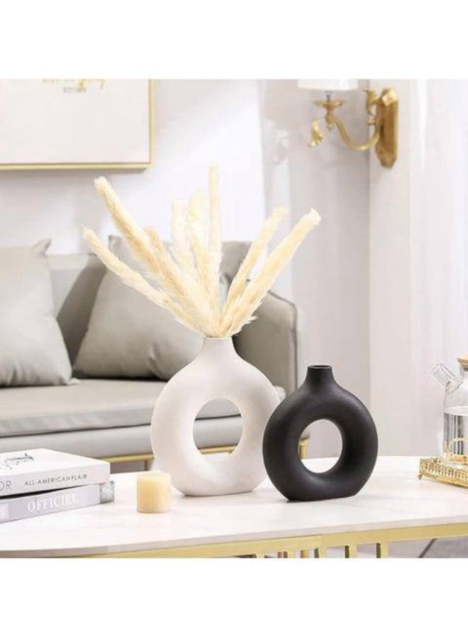 NAMA Set of 2 rough-textured concrete vases in black and white, hollow round flower vases with a matte donut shape, modern boho decor vases for pampas grass for weddings, living room, office, entryway, fireplace, dining table, and shelves (without flowers) - Image 2