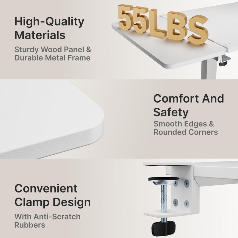 PEGZONE Desk Extender Tray, 24" x 12" Clamp On Desk Shelf, Desk Extension with Storage Drawer, Table Desk Arm Rest, Clamp On Keyboard Tray for Office and Home, Workstation Organizer, Medium, White - Image 3