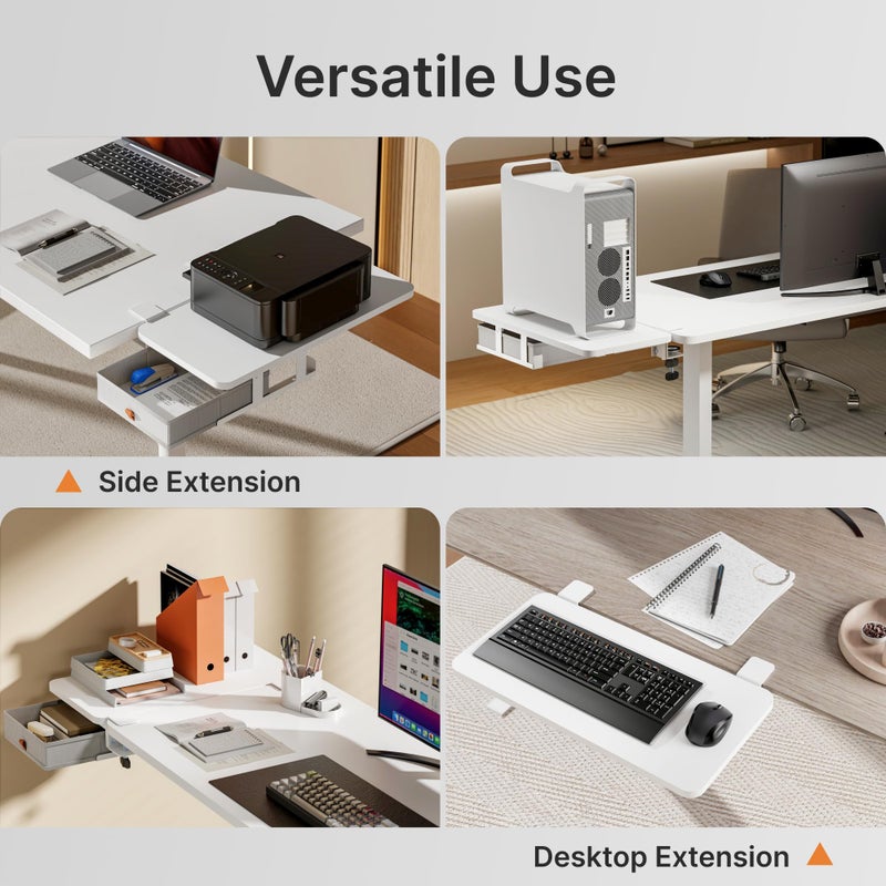 PEGZONE Desk Extender Tray, 24" x 12" Clamp On Desk Shelf, Desk Extension with Storage Drawer, Table Desk Arm Rest, Clamp On Keyboard Tray for Office and Home, Workstation Organizer, Medium, White - Image 4