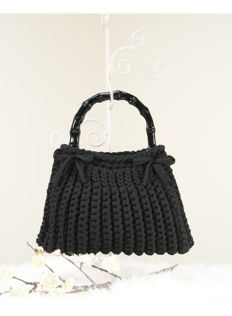 Black Pleated Crochet Handbag with Bows and Bamboo-Style Handles