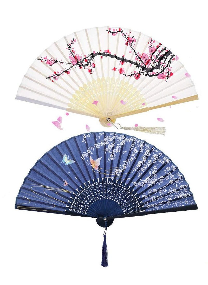 Generic Folding Fan, Women'S Folding Hand Fan Silk Fabric and Hollow Carved Bamboo Handheld Folding Fan Chinese Tassel Bamboo Fan for Wall Decoration and Gifts (2 Pieces)  - Image 1