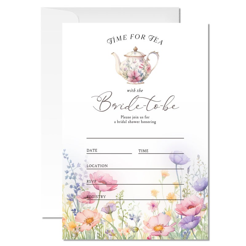 ZYQFN 20 Time For Tea With The Bride To Be Invitations, Floral Tea Party Theme Invite Cards with Envelopes, 4x6 Inch Fun Bridal Shower Invites. (067) - Image 1