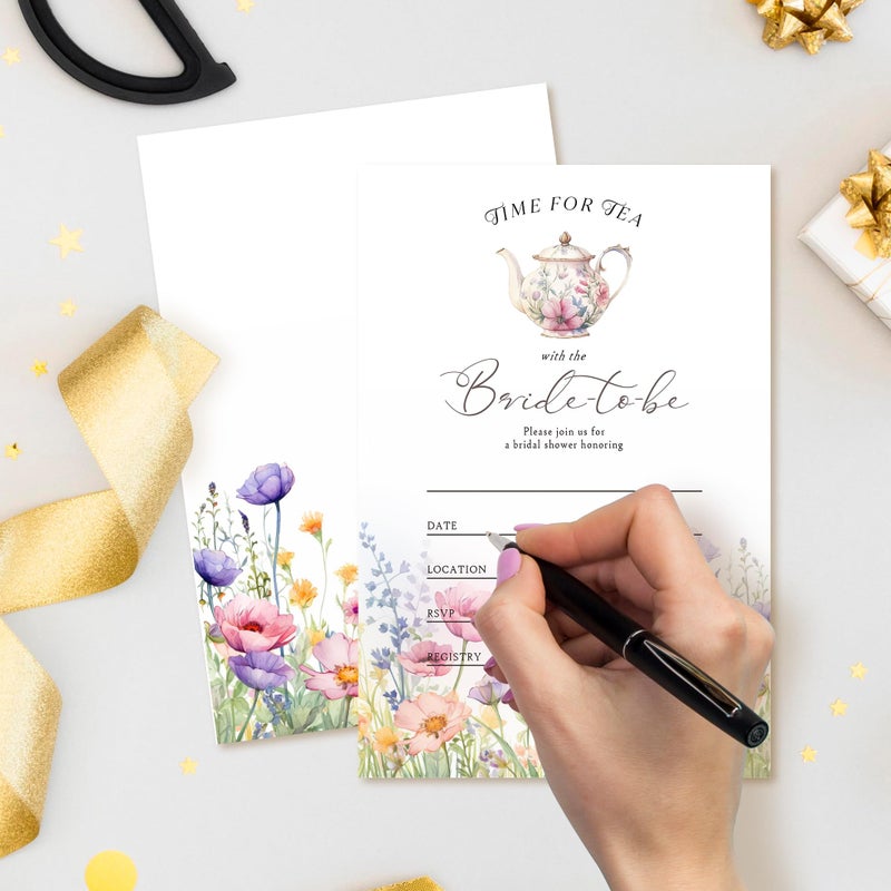 ZYQFN 20 Time For Tea With The Bride To Be Invitations, Floral Tea Party Theme Invite Cards with Envelopes, 4x6 Inch Fun Bridal Shower Invites. (067) - Image 3