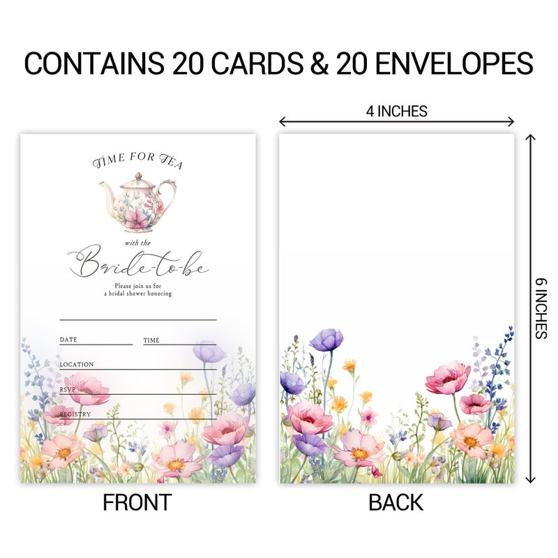 ZYQFN 20 Time For Tea With The Bride To Be Invitations, Floral Tea Party Theme Invite Cards with Envelopes, 4x6 Inch Fun Bridal Shower Invites. (067) - Image 2