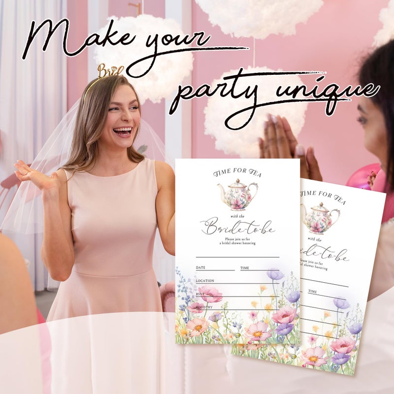 ZYQFN 20 Time For Tea With The Bride To Be Invitations, Floral Tea Party Theme Invite Cards with Envelopes, 4x6 Inch Fun Bridal Shower Invites. (067) - Image 4