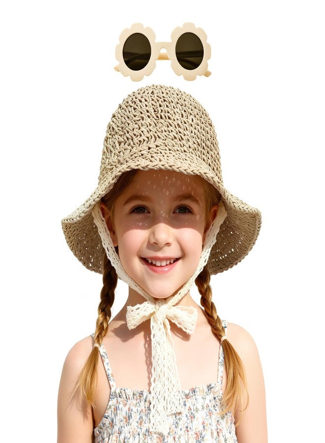 Zando Straw Toddler Sun Hat with Sunglasses Kids Bucket Hat Beach Baby Adjustable Cap Wide Brim With Lace Bowknot for Boys Girls Outdoor Summer Sun Protection Accessories Beige 2-5T - Image 1