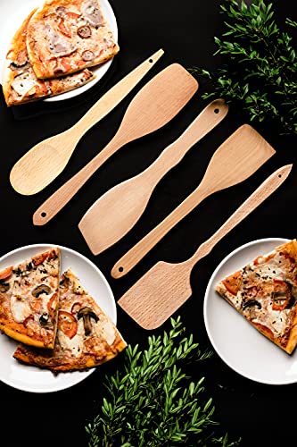 ECOSALL Nonstick Wooden Spoons For Cooking – 5 European Premium Spoons Set - 100% Healthy and Natural Wooden Spatula – Long Handled, Strong, Durable, Solid Wood Cooking Utensils for Everyday Cooking - Image 4