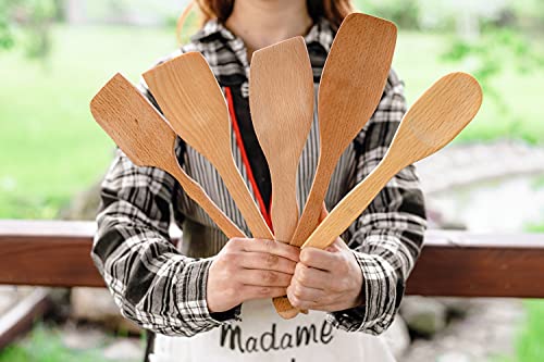 ECOSALL Nonstick Wooden Spoons For Cooking – 5 European Premium Spoons Set - 100% Healthy and Natural Wooden Spatula – Long Handled, Strong, Durable, Solid Wood Cooking Utensils for Everyday Cooking - Image 3