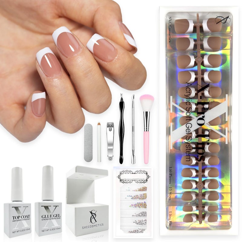 SXC Cosmetics French Tip Press On Nails Brown Series, XS Square X-Pro Tips Starter Kit - Image 1
