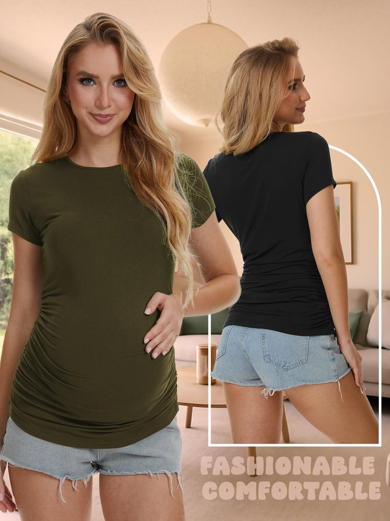 MIRAZEN 3 Pack Womens Maternity Shirts - Crew Neck Maternity Top Short Sleeve Pregnancy Tee Shirts, Black/White/Army Green, Medium - Image 2
