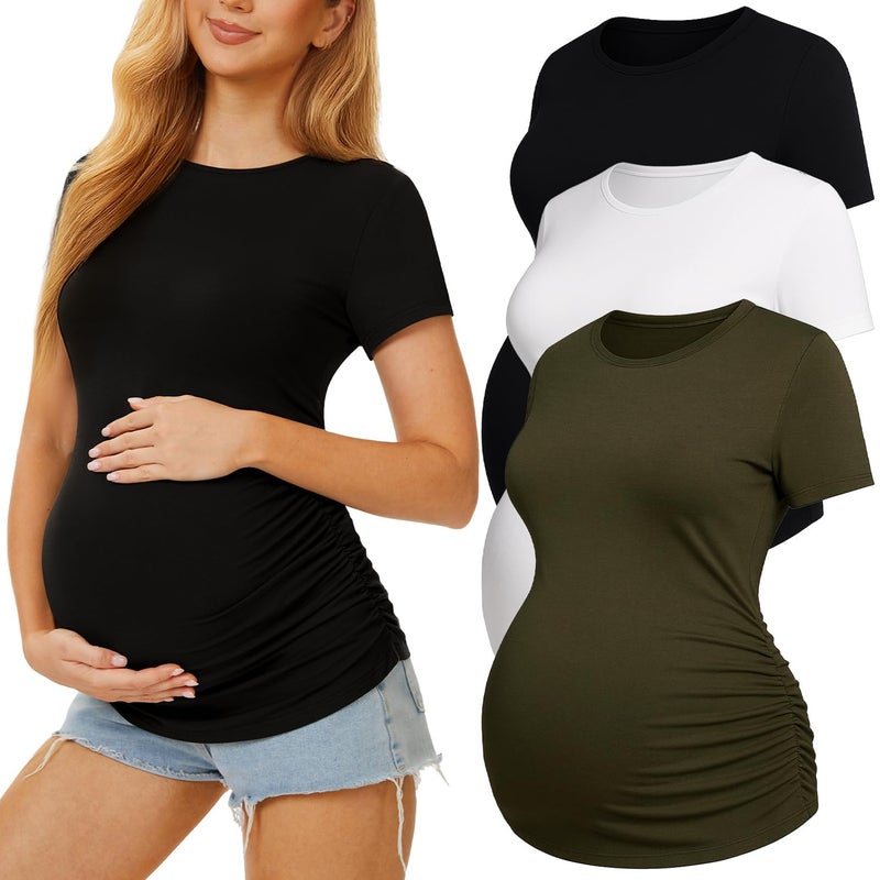 MIRAZEN 3 Pack Womens Maternity Shirts - Crew Neck Maternity Top Short Sleeve Pregnancy Tee Shirts, Black/White/Army Green, Medium - Image 1