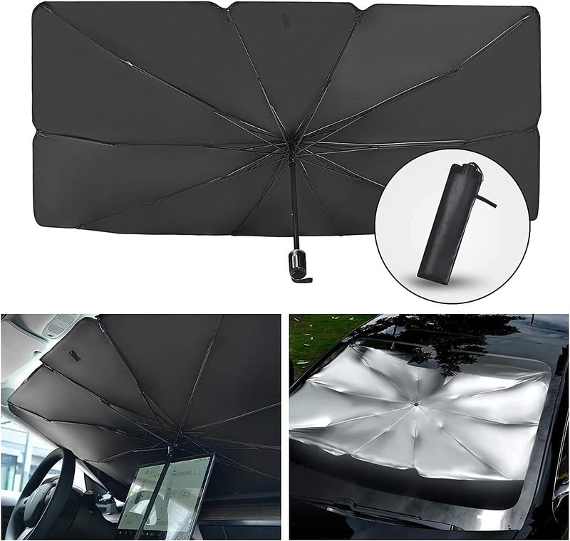 Enew Car Sun Shade,for Car Front Windshield, Car Umbrella Sun Shade Cover, Foldable UV Reflector And Heat, Sunshade for Cars, Fits Most Vans SUVS (57 x 31 In), Black - Image 2