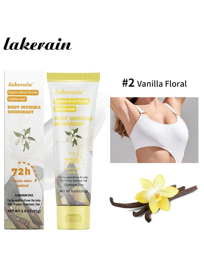 lakerain 72h Hours Odor Control - 85g Body Invisible Deodorant Cream Vanilla Floral Whole Body Fragrance Deodorant Natural Scented Skin Safe for Armpit Privates and Other Parts Odour Control Cream - Image 1
