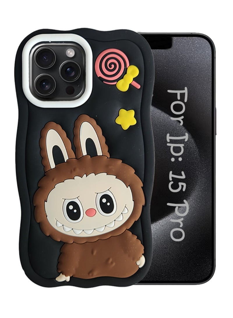 ما وراء الأساسيات جراب سيليكون من Labubu Style لهاتف iPhone 15 Pro، غطاء سيليكون مقاوم للصدمات، تصميم دمية لطيفة، أسود، 6.1 بوصة - Image 1