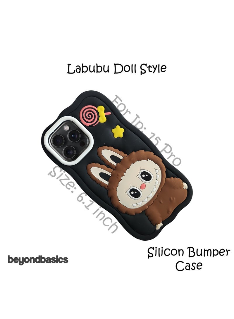 ما وراء الأساسيات جراب سيليكون من Labubu Style لهاتف iPhone 15 Pro، غطاء سيليكون مقاوم للصدمات، تصميم دمية لطيفة، أسود، 6.1 بوصة - Image 3