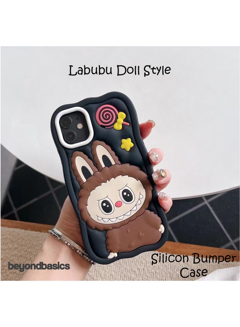 ما وراء الأساسيات جراب سيليكون من Labubu Style لهاتف iPhone 15 Pro، غطاء سيليكون مقاوم للصدمات، تصميم دمية لطيفة، أسود، 6.1 بوصة - Image 4