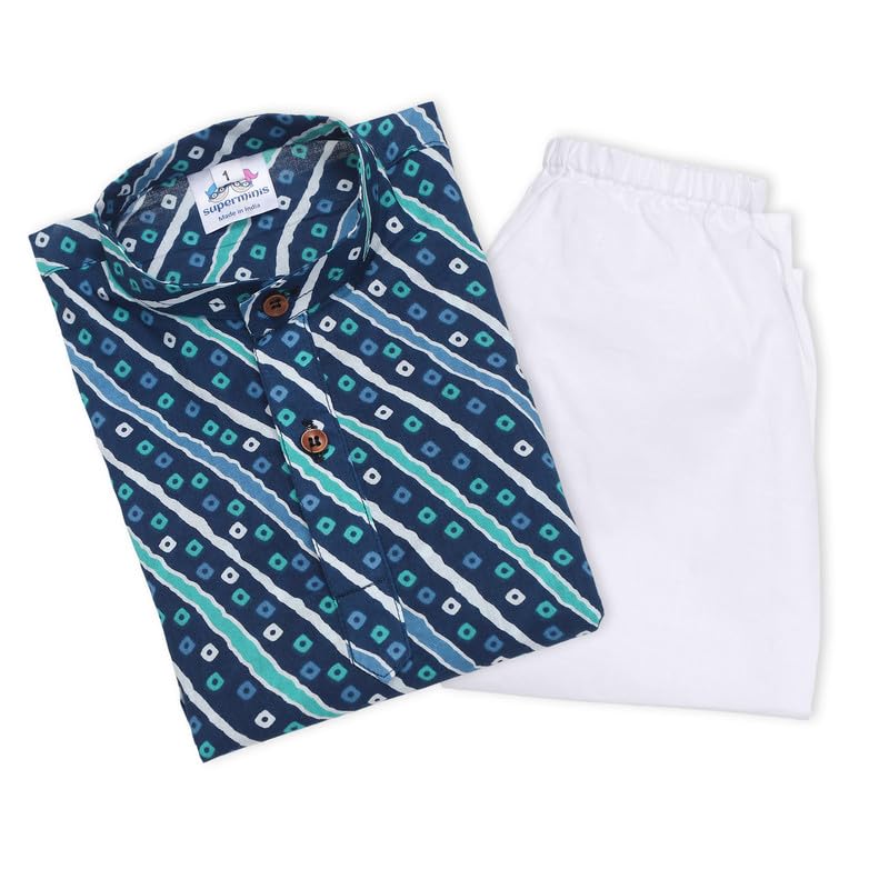 superminis Cottton Full Sleeves Lehariya Printed Kurta Pyjama Set for Boys (9-10 Years, Blue) - Image 1