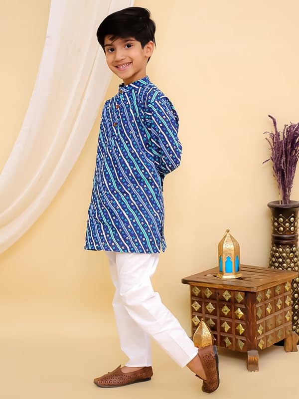 superminis Cottton Full Sleeves Lehariya Printed Kurta Pyjama Set for Boys (9-10 Years, Blue) - Image 5