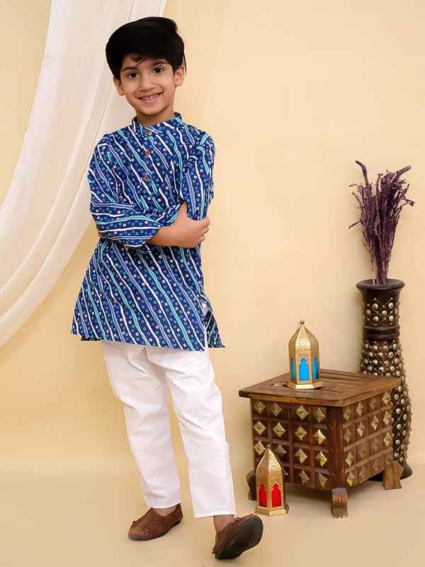 superminis Cottton Full Sleeves Lehariya Printed Kurta Pyjama Set for Boys (9-10 Years, Blue) - Image 2