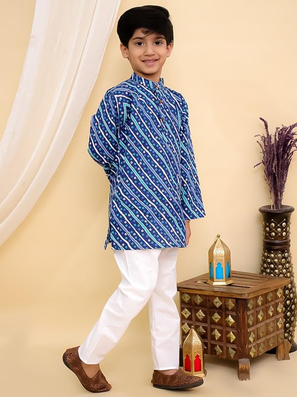 superminis Cottton Full Sleeves Lehariya Printed Kurta Pyjama Set for Boys (9-10 Years, Blue) - Image 4