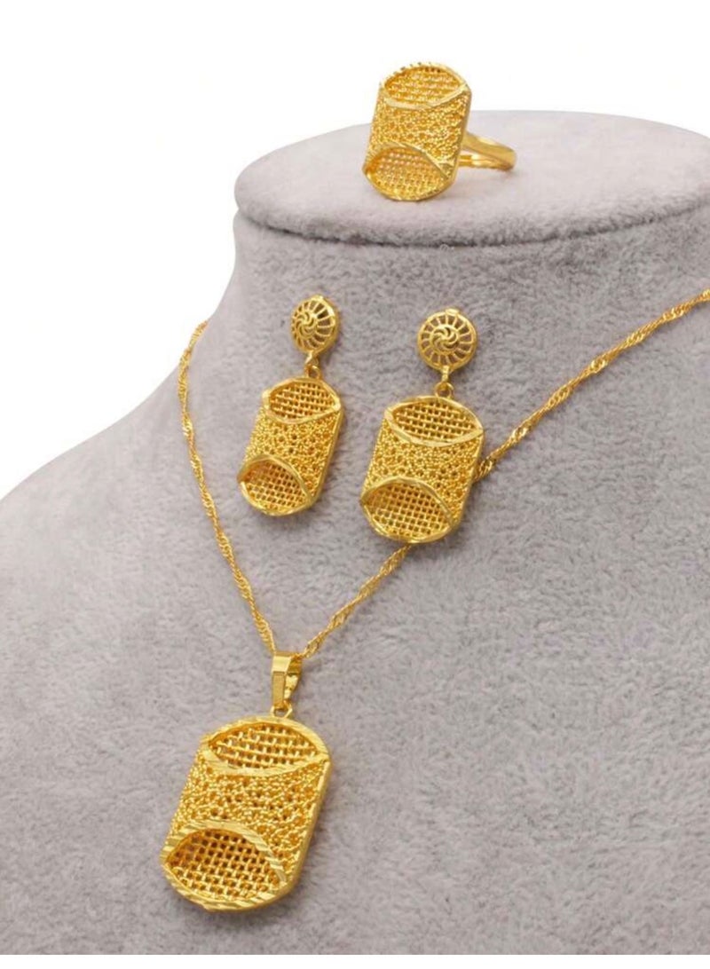 GOLDMAX 21k Gold Plated Necklace & Earrings & Ring Jewelry Set For Women With Gift Box - Image 4