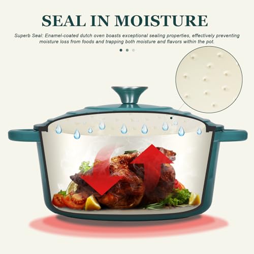 Overmont Enameled Cast Iron Dutch Oven - 4.5QT Pot with Lid Cookbook & Cotton Potholders - Heavy-Duty Cookware for Braising, Stews, Roasting, Bread Baking bottle green - Image 2