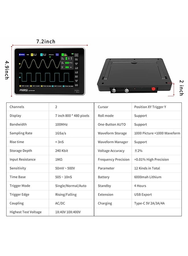 1013D Plus Oscilloscope - Portable Handheld Tablet Oscilloscope with 100X High Voltage Probe, 2 Channels 100Mhz Bandwidth 1GSa/s Sampling Rate 7 TFT LCD Touch Screen - Image 5