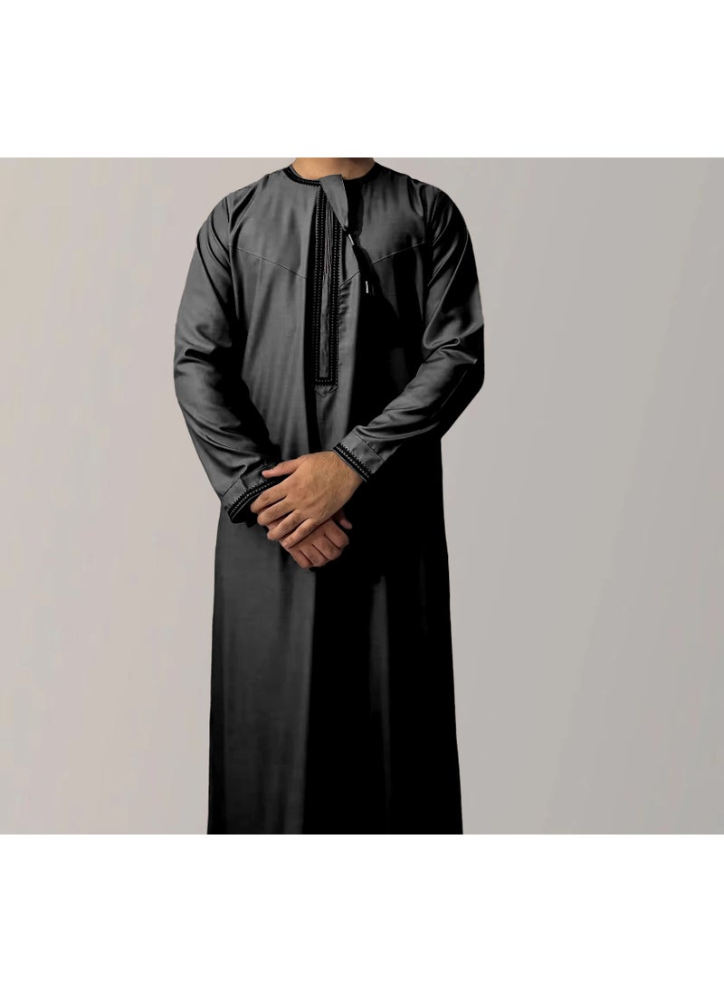 Generic New Arrival Cross-Border Solid Color Round Neck Embroidery Coarse Males Long Sleeve Kaftan Arabian Saudi Arabia Mens Kaftan 3#red  - Image 2