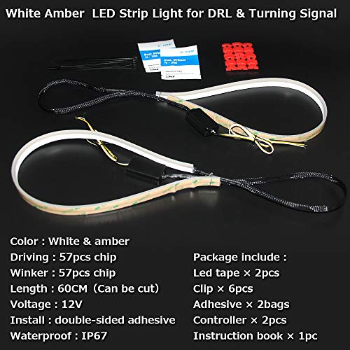 OPP ULITE White Amber Switchback Led Strip Lights, White DRL Amber Sequential Flowing Turn Signal Light, 114 PCS Led Chip Waterproof Car Flexible Tube Easy Paste Install, 2PC Pack - Image 5