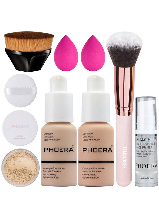 Hilareco PHOERA Foundation, Full Coverage Foundation, PHOERA Primer, PHOERA Powder, PHOERA Makeup Set, Kabuki Makeup Brushes Foundation Brush Powder Brush,2 Pcs Makeup Sponge (102 Nude + 103 Warm peach) - Image 1