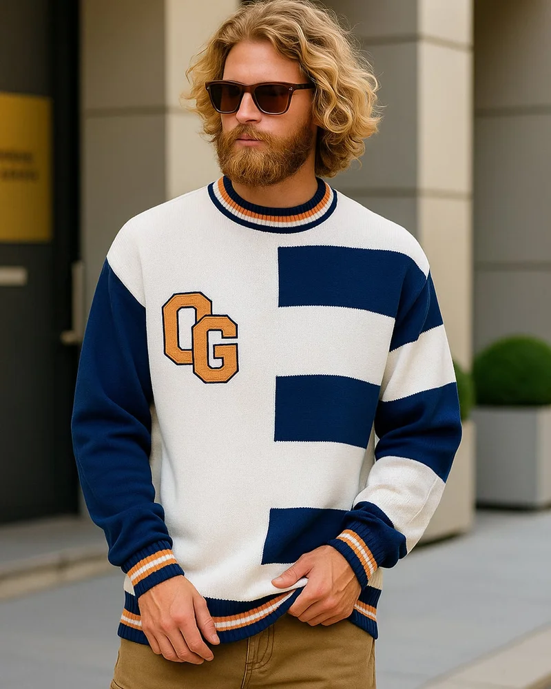 بيواكوف كنزة رجالية فضفاضة بلونين أبيض وأزرق