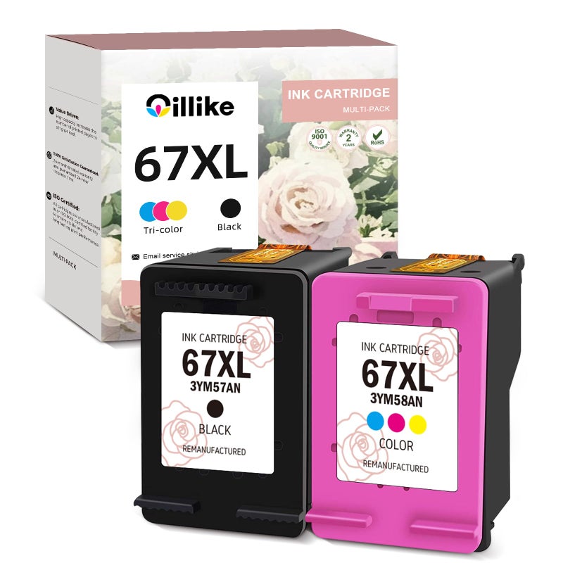 OILLIKE 67XL Ink Cartridges Black/Color Combo Pack Replacement for HP Ink 67 XL fit for HP67 DeskJet 2827e 2855e 4227e 4255e 2700 2700e 2752 2742e 2755 2755e 4100 4152e 6000 6055e 6052 6400 6455e Printer - Image 1