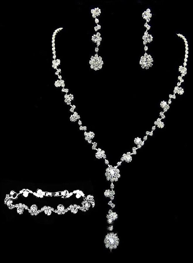 DUNISO 3Piece Jewelry Set With Necklace Bangle and Earrings Full Diamond V Neck Necklace Crystal Earrings Wedding Bridal Bridesmaid Costume Jewelry Set for Women and Girls Dress Accessories  - Image 2