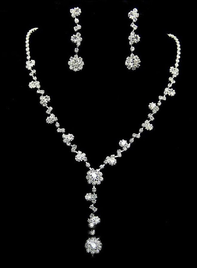 DUNISO 3Piece Jewelry Set With Necklace Bangle and Earrings Full Diamond V Neck Necklace Crystal Earrings Wedding Bridal Bridesmaid Costume Jewelry Set for Women and Girls Dress Accessories  - Image 3