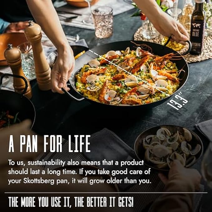 سكوتسبيرغ مقلاة بايلا احترافية من الحديد بقطر 34 سم ومقبض من الفولاذ الكربوني المطروق من الفولاذ المقاوم للصدأ مع طباعة العلامة التجارية لطهي مثالي ومتساوي مع مقابض - Image 4
