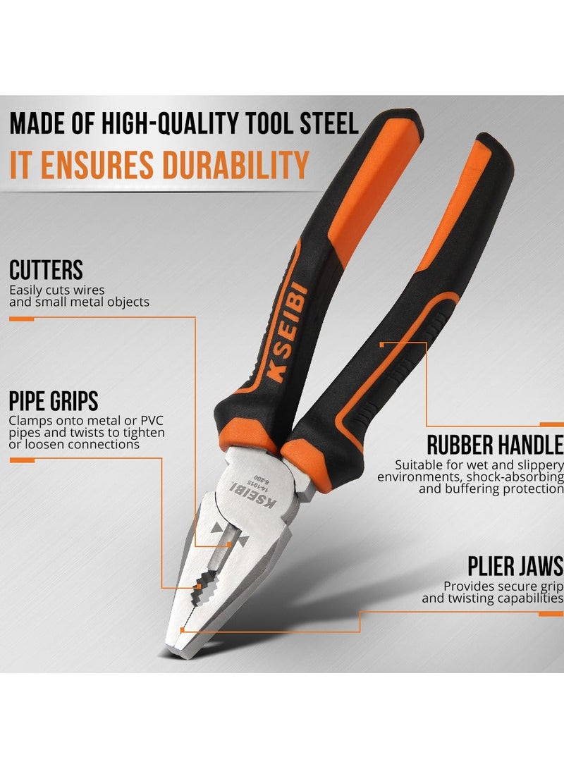 KSEIBI Combination Plier, Heavy Duty Side Cutting Pliers with Professional Handle, Ideal for Wire, Cables, Crimping, Shearing, Clamping Screws, Steel Hand Tool Plier, Spring Loaded with Safety Lock. - Image 2