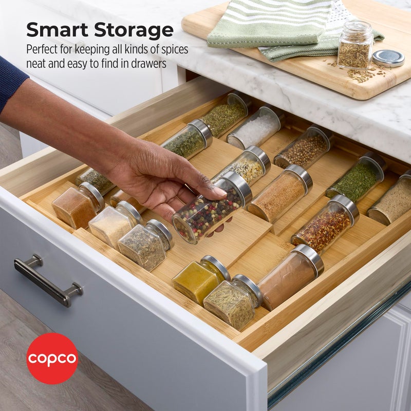 Copco 4 Tier Expandable Bamboo Spice Organizer for Drawers, Adjustable from 12.2 inch to 23 Inch, In Drawer Rack for Kitchen, Holds 32 Jars, Durable & Eco-Friendly Spice Storage Solution - Image 2