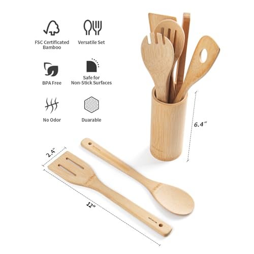 Naturoom Kitchen Utensils Set of 8 PCS, 12Inches Bamboo Wooden Cooking Spoon & Spatula Tools Perfect for Non-Stick Cookware (Bamboo 12inches) - Image 3