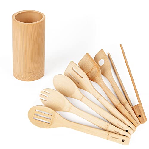 Naturoom Kitchen Utensils Set of 8 PCS, 12Inches Bamboo Wooden Cooking Spoon & Spatula Tools Perfect for Non-Stick Cookware (Bamboo 12inches) - Image 1