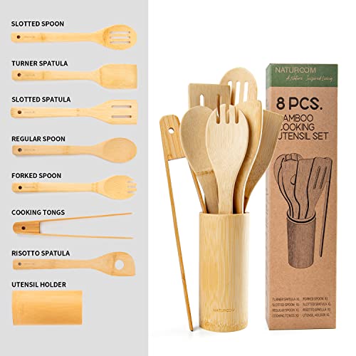 Naturoom Kitchen Utensils Set of 8 PCS, 12Inches Bamboo Wooden Cooking Spoon & Spatula Tools Perfect for Non-Stick Cookware (Bamboo 12inches) - Image 2
