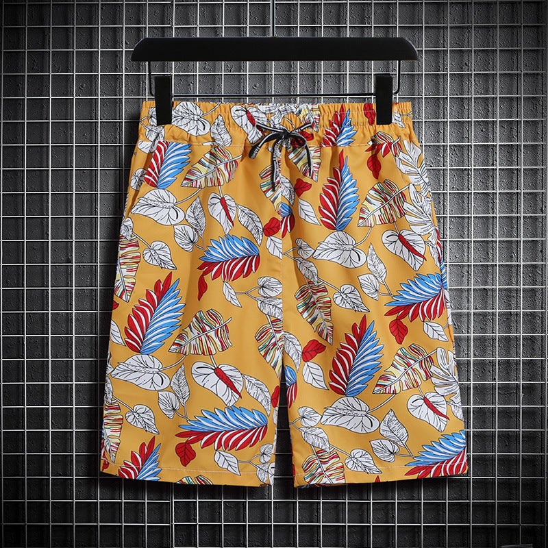 Generic Value three-piece Beach suit mens all-match quick-drying shorts Hainan Island retro Hong Kong style ice silk floral shirt class clothes st63 yellow one-piece shorts 