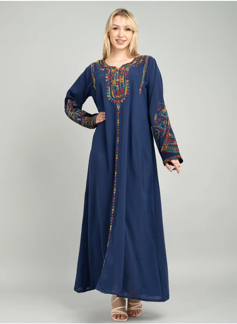 اكسا جلابية سادة انيقة مطرزة XJ1001 ازرق